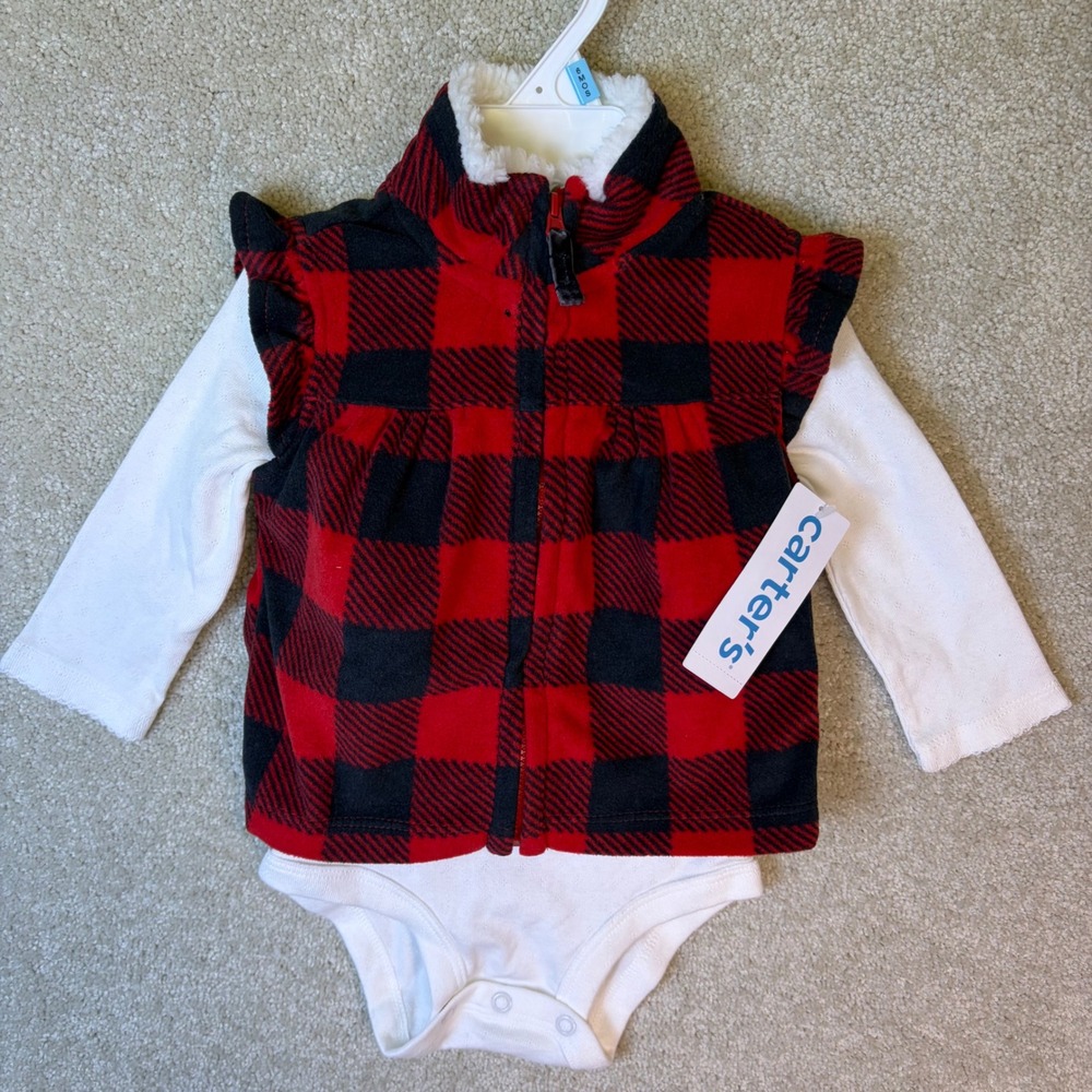Carters Vest & Bodysuit Holiday Set Baby 6M Red Buffalo Plaid Fleece Sherpa 2pc
